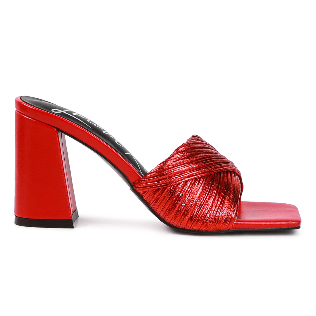 Red Crinkled High Heeled Block Sandals