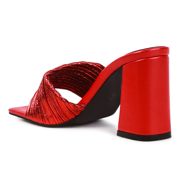 Red Crinkled High Heeled Block Sandals