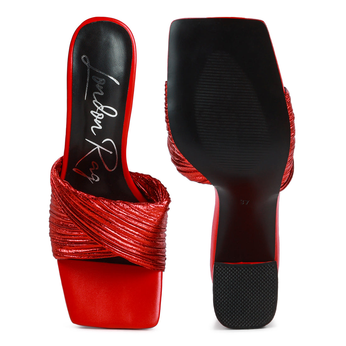 Red Crinkled High Heeled Block Sandals