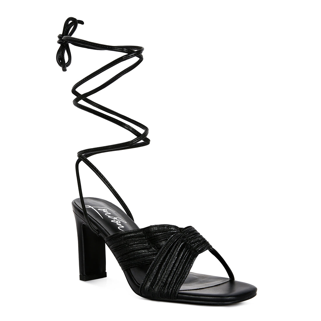 Black Metallic Tie Up Block Heel Sandals