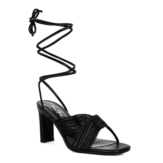 Black Metallic Tie Up Block Heel Sandals