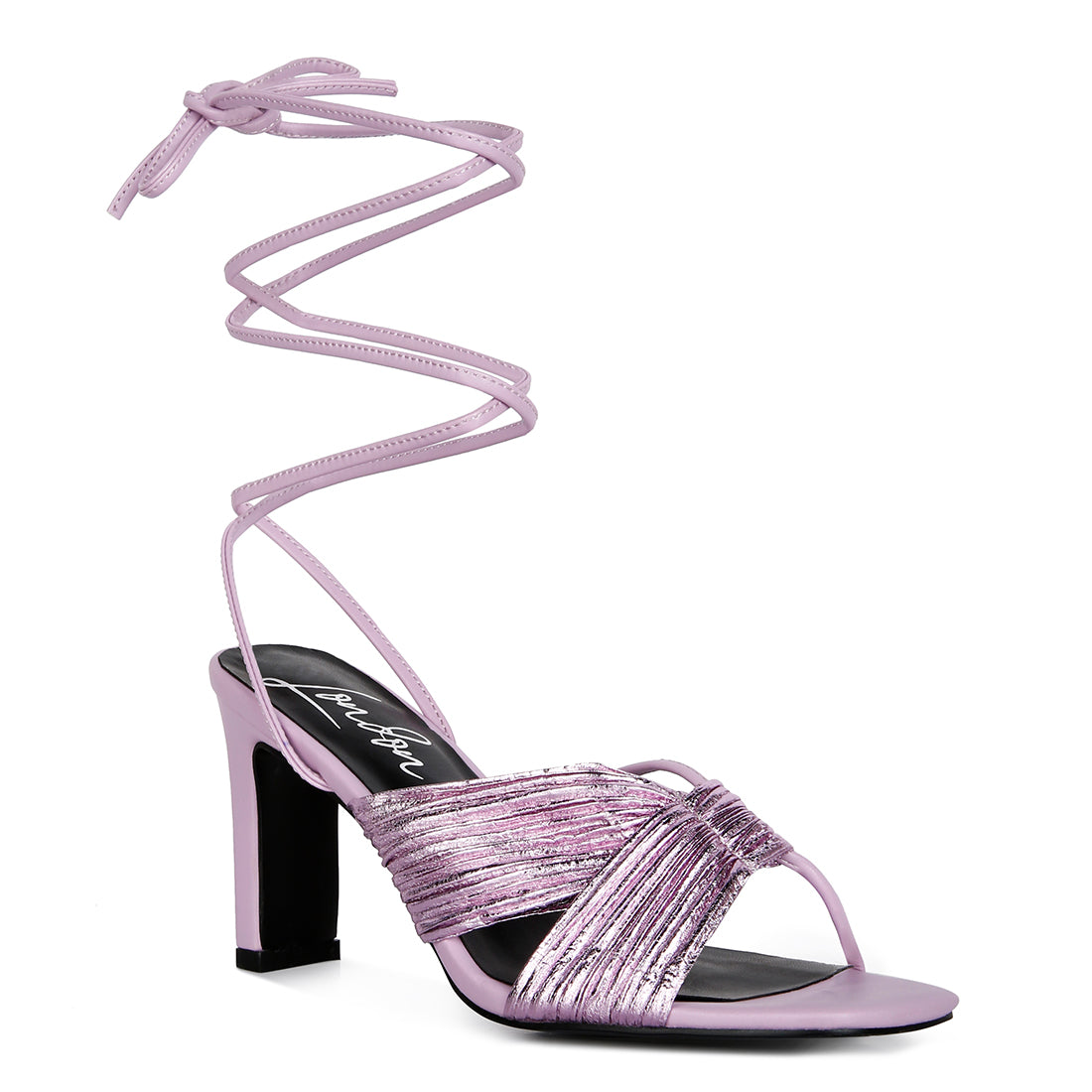 Purple Metallic Tie Up Block Heel Sandals