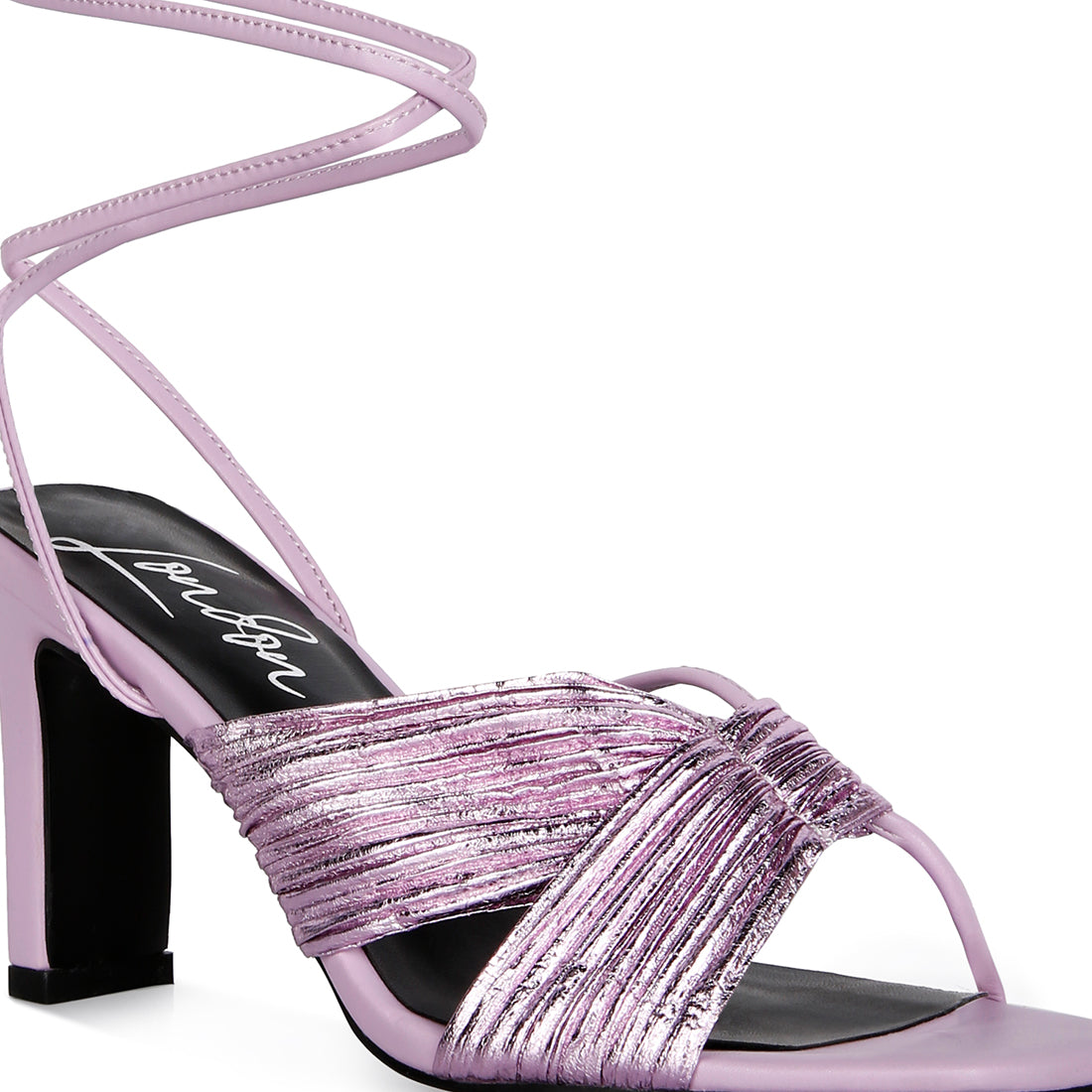 Purple Metallic Tie Up Block Heel Sandals