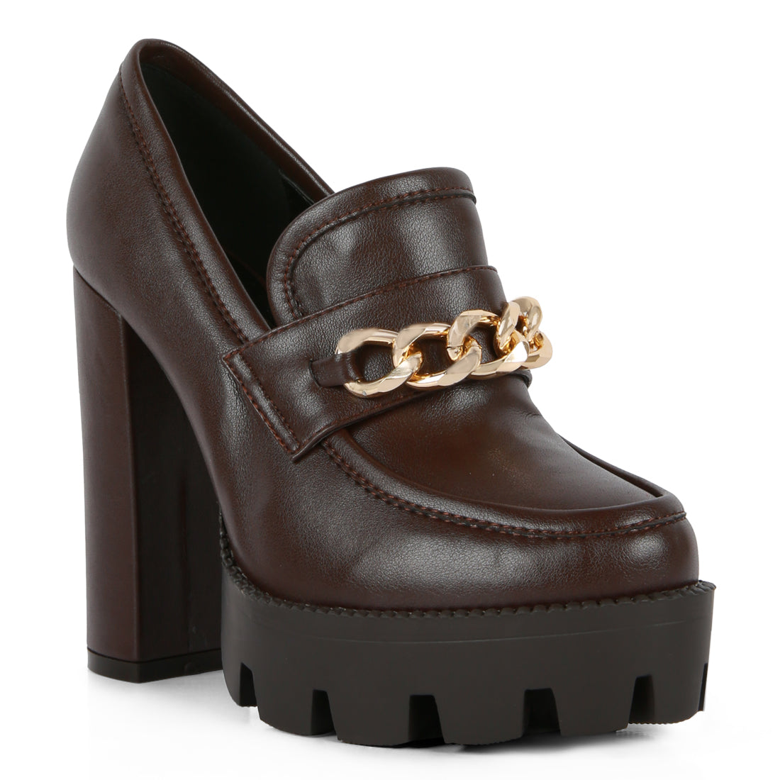 y2k chunky high block heeled loafers#color_brown