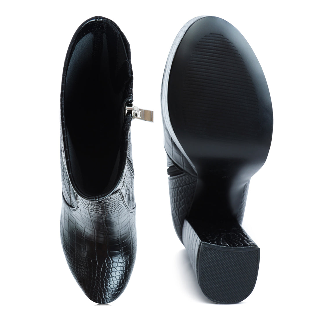 feral high heeled croc pattern ankle boot#color_black