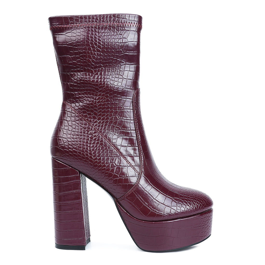 feral high heeled croc pattern ankle boot#color_burgundy