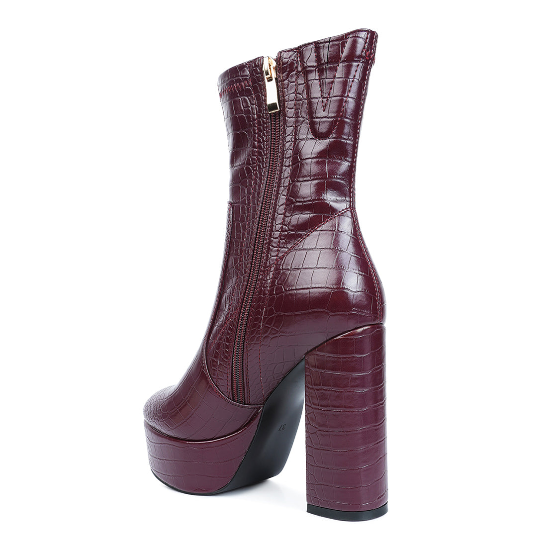 feral high heeled croc pattern ankle boot#color_burgundy