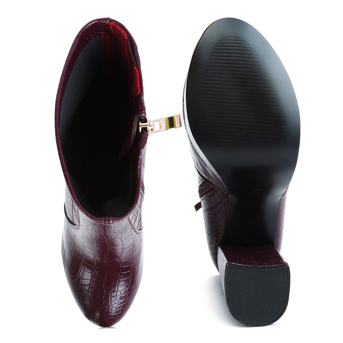feral high heeled croc pattern ankle boot#color_burgundy