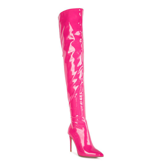 eclectic patent pu long stiletto boots#color_pink