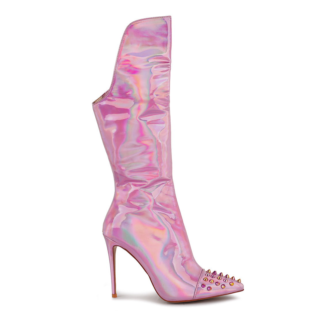 forbidden gold stud stiletto calf boots#color_pink