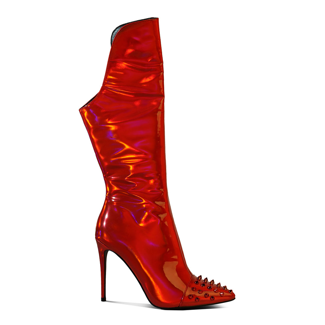 forbidden gold stud stiletto calf boots#color_red