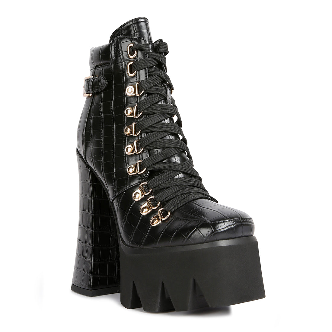black high heeled platform ankle boots#color_black