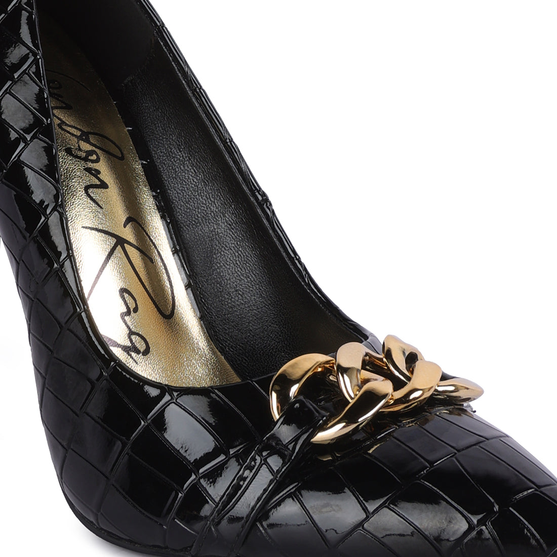 croc metal chain pump heels#color_black