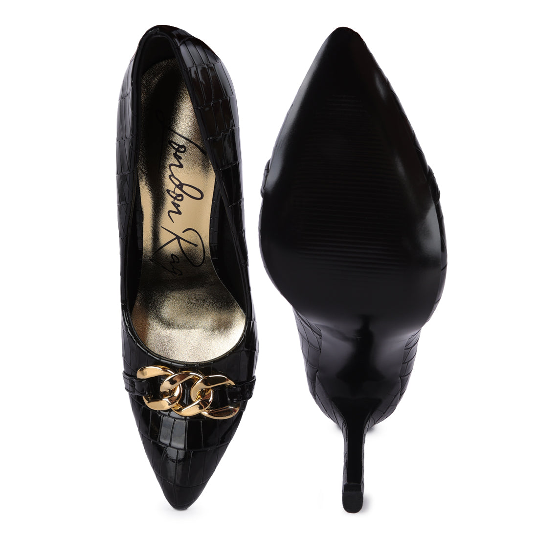 croc metal chain pump heels#color_black