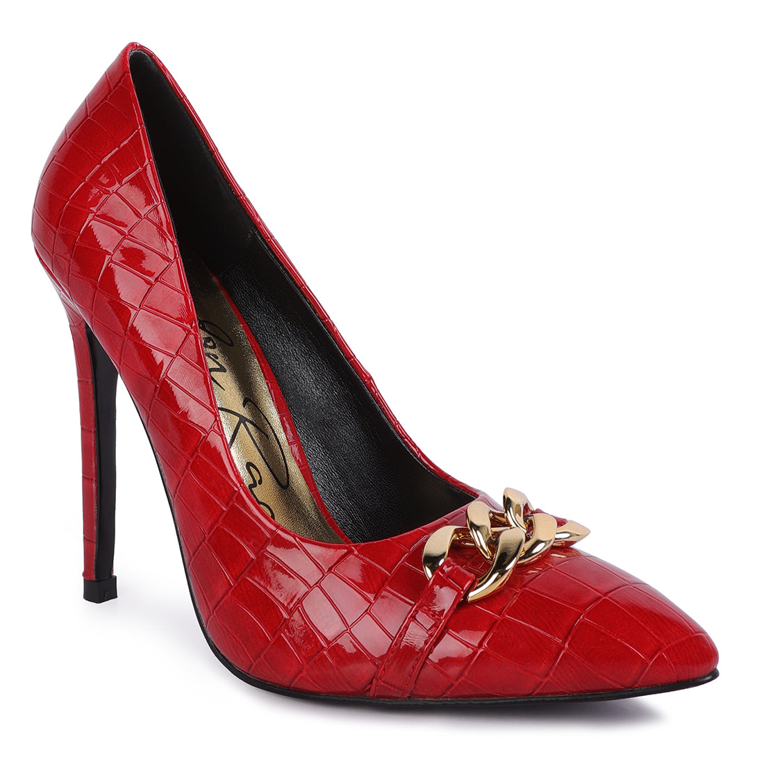 croc metal chain pump heels#color_red