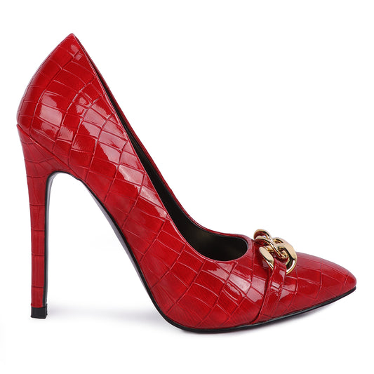 croc metal chain pump heels#color_red