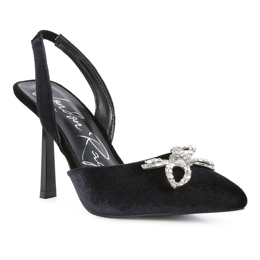 velvet diamante detail heeled slingback mules#color_black