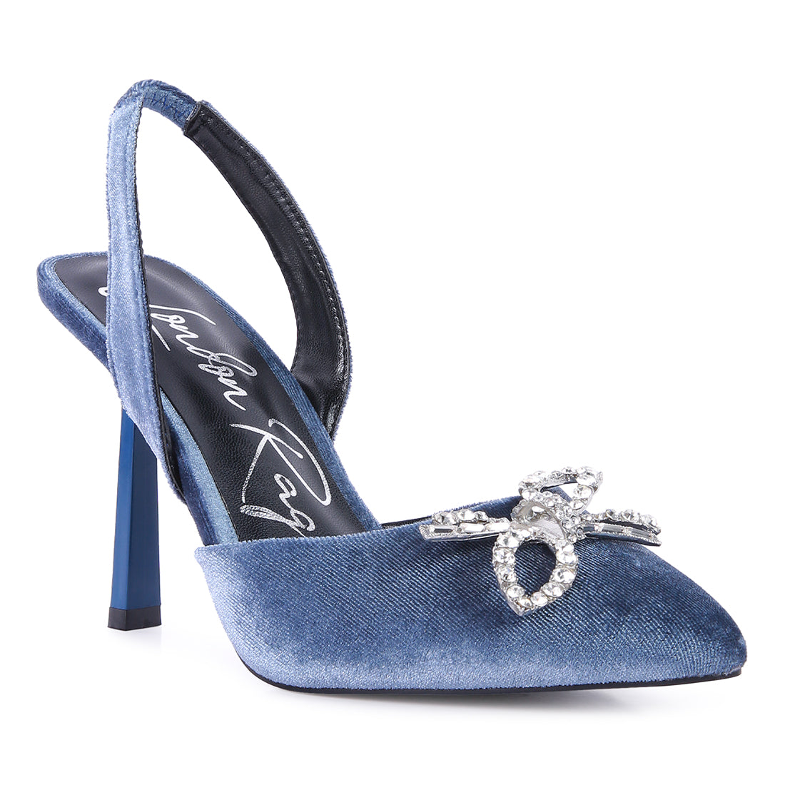 velvet diamante detail heeled slingback mules#color_blue