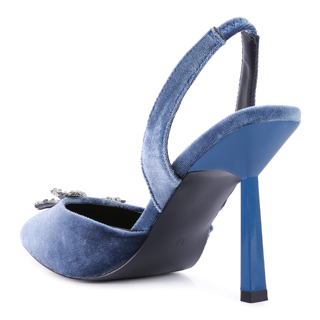 velvet diamante detail heeled slingback mules#color_blue