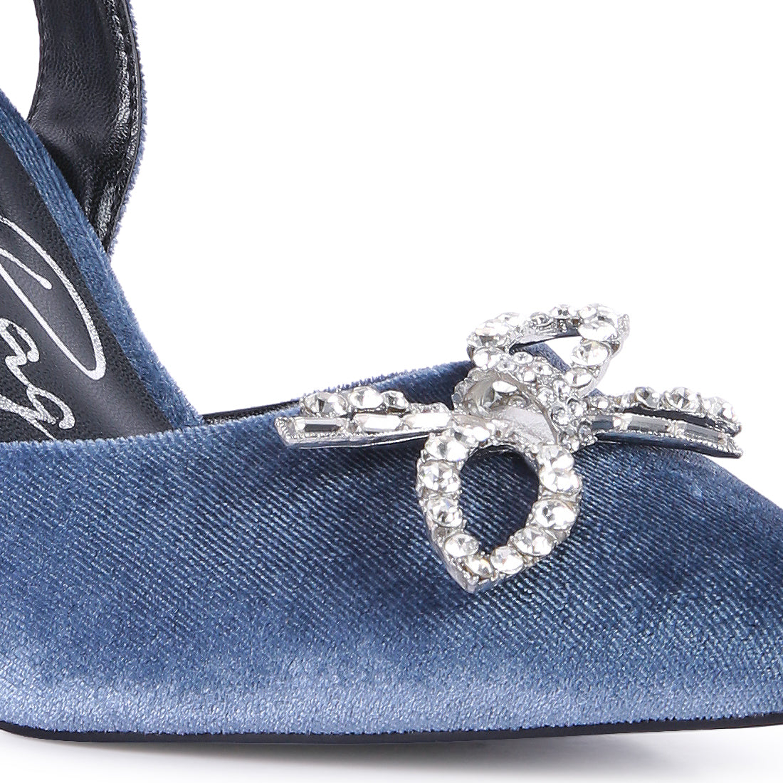 velvet diamante detail heeled slingback mules#color_blue