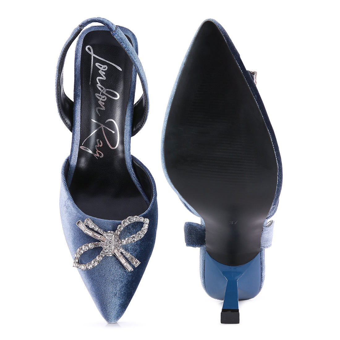 velvet diamante detail heeled slingback mules#color_blue