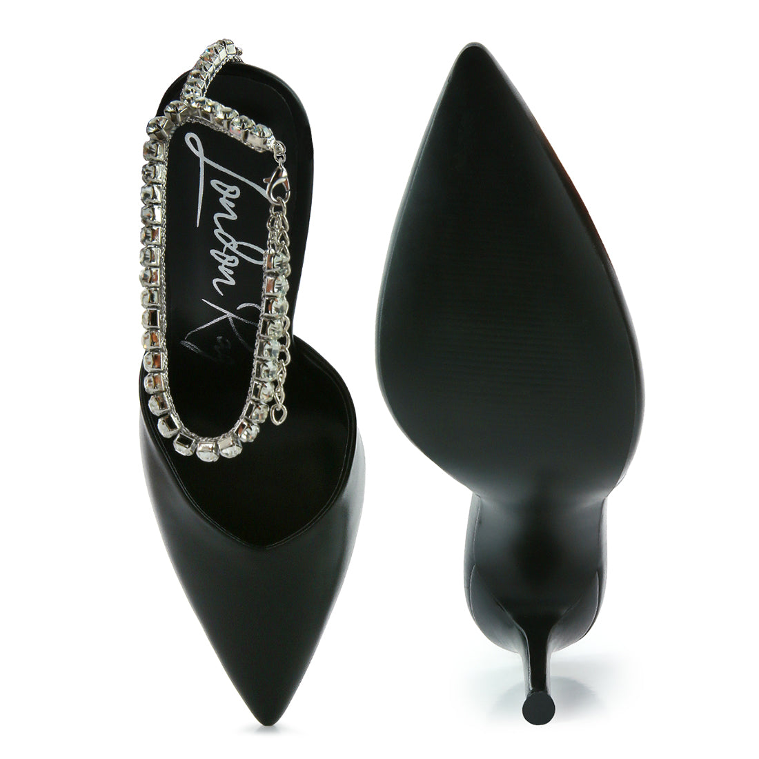 high heeled rhinestone mule sandals#color_black