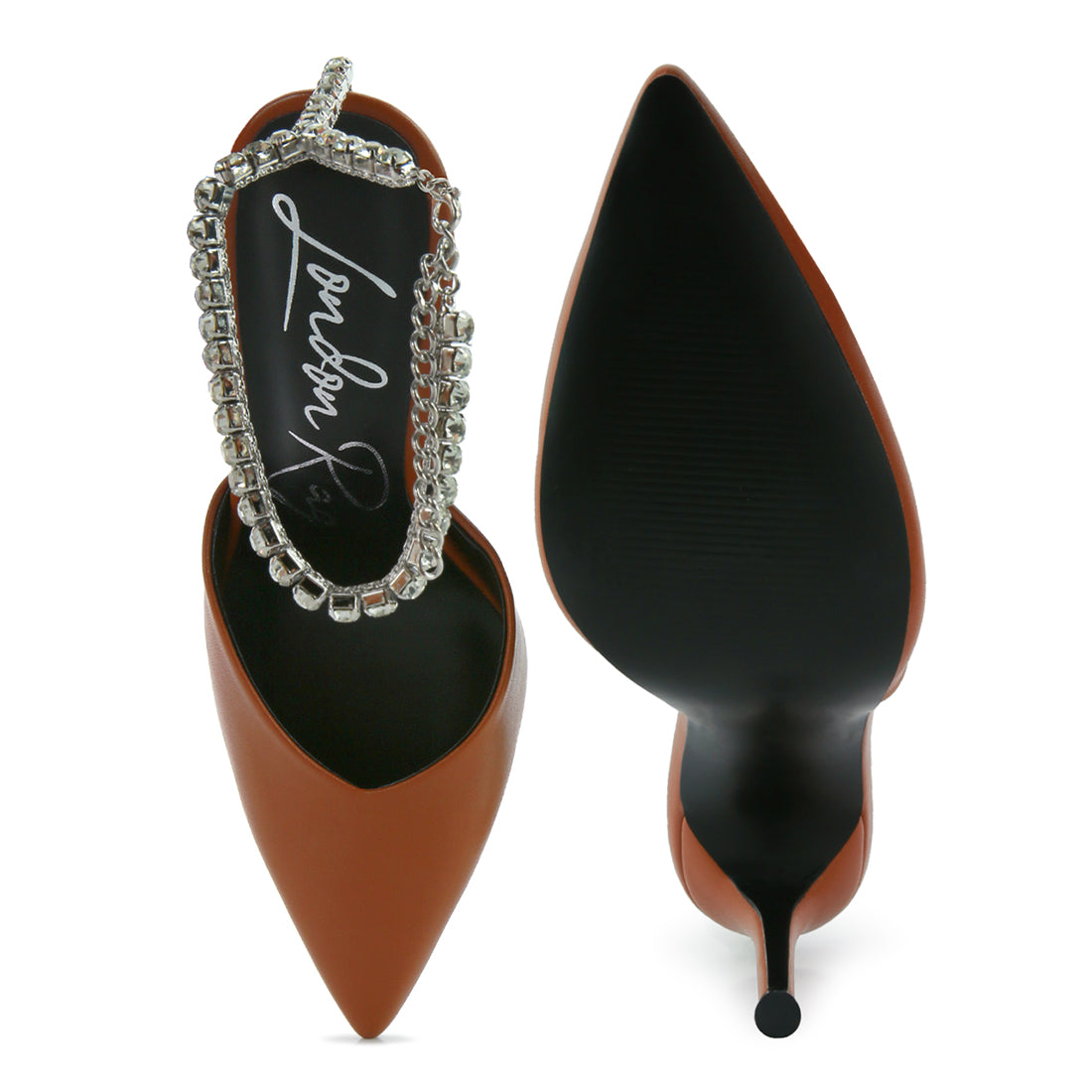 high heeled rhinestone mule sandals#color_tan