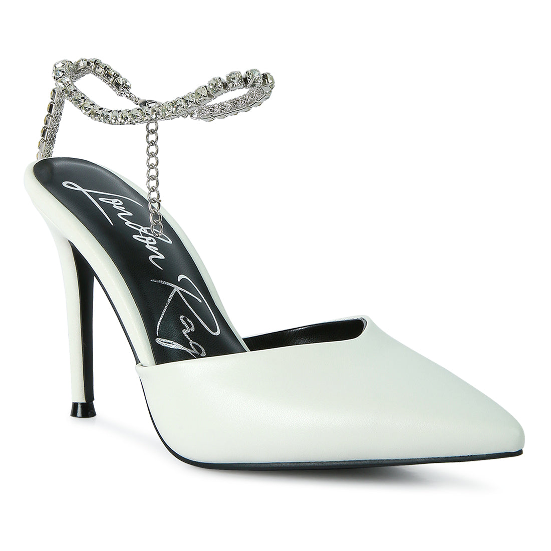 high heeled rhinestone mule sandals#color_white