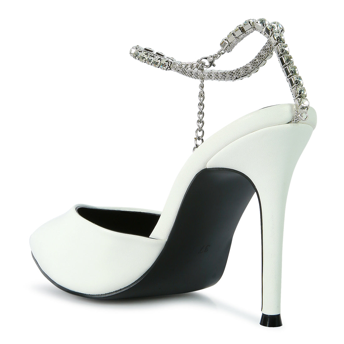 high heeled rhinestone mule sandals#color_white