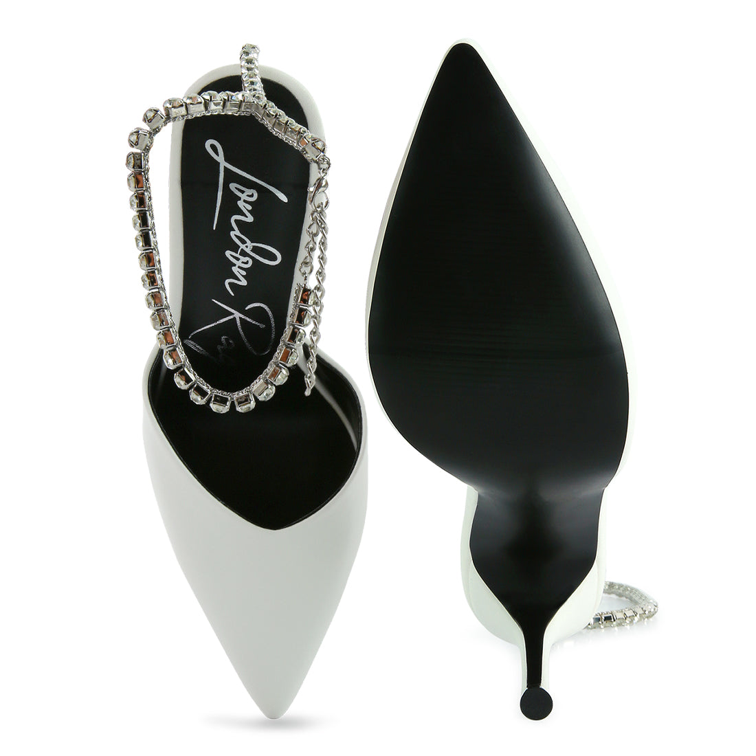 high heeled rhinestone mule sandals#color_white