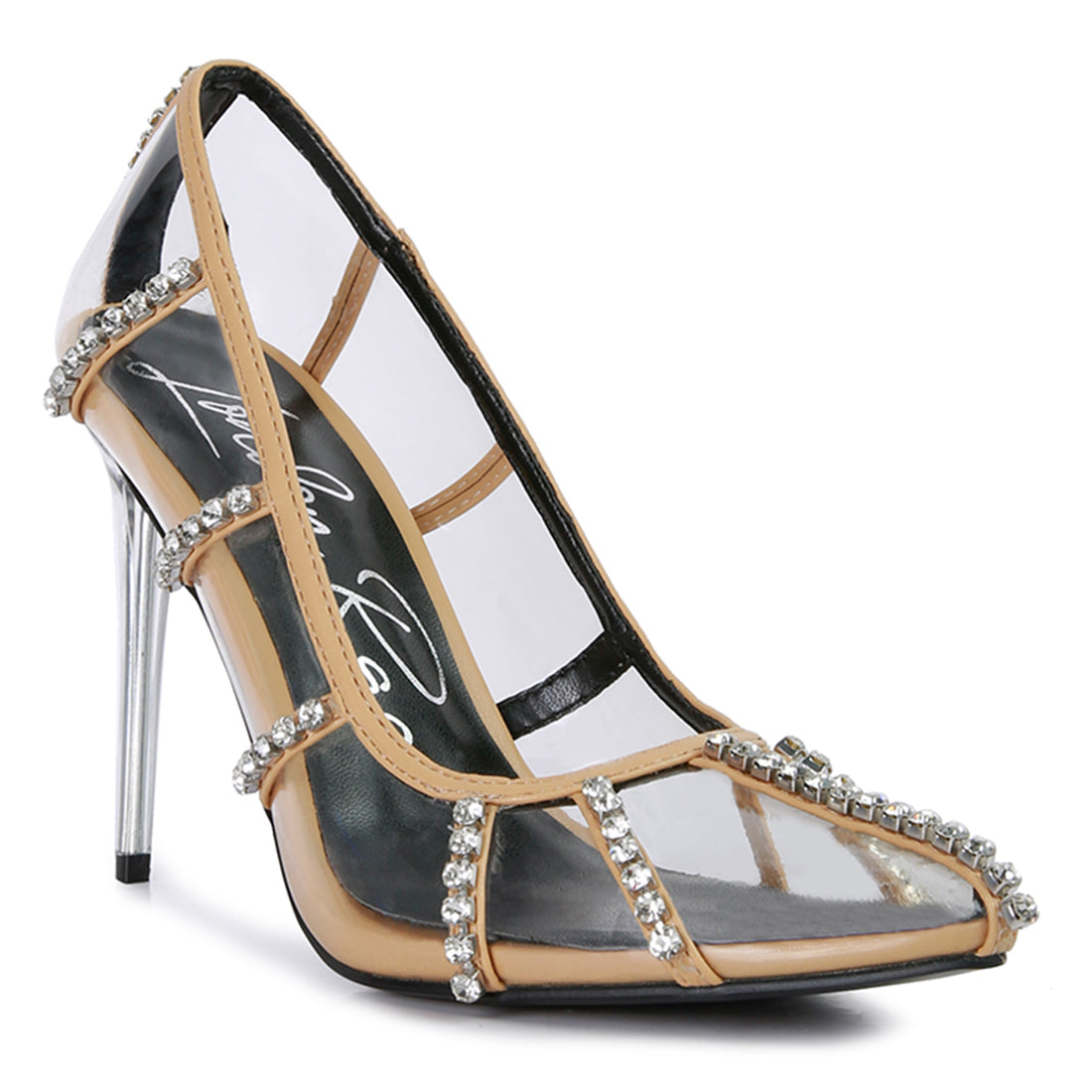 diamante clear high heel cage pumps#color_beige