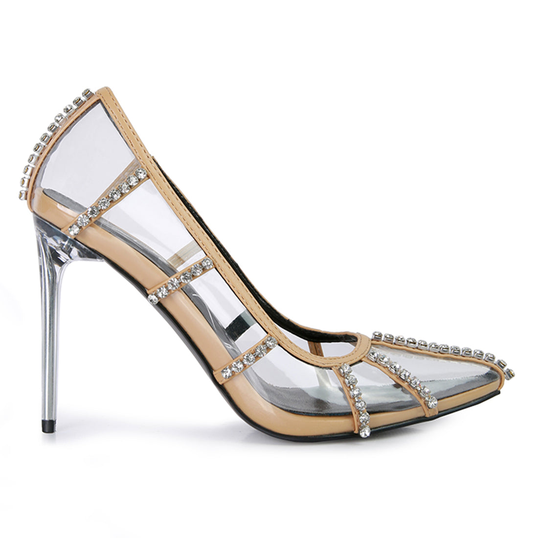 diamante clear high heel cage pumps#color_beige