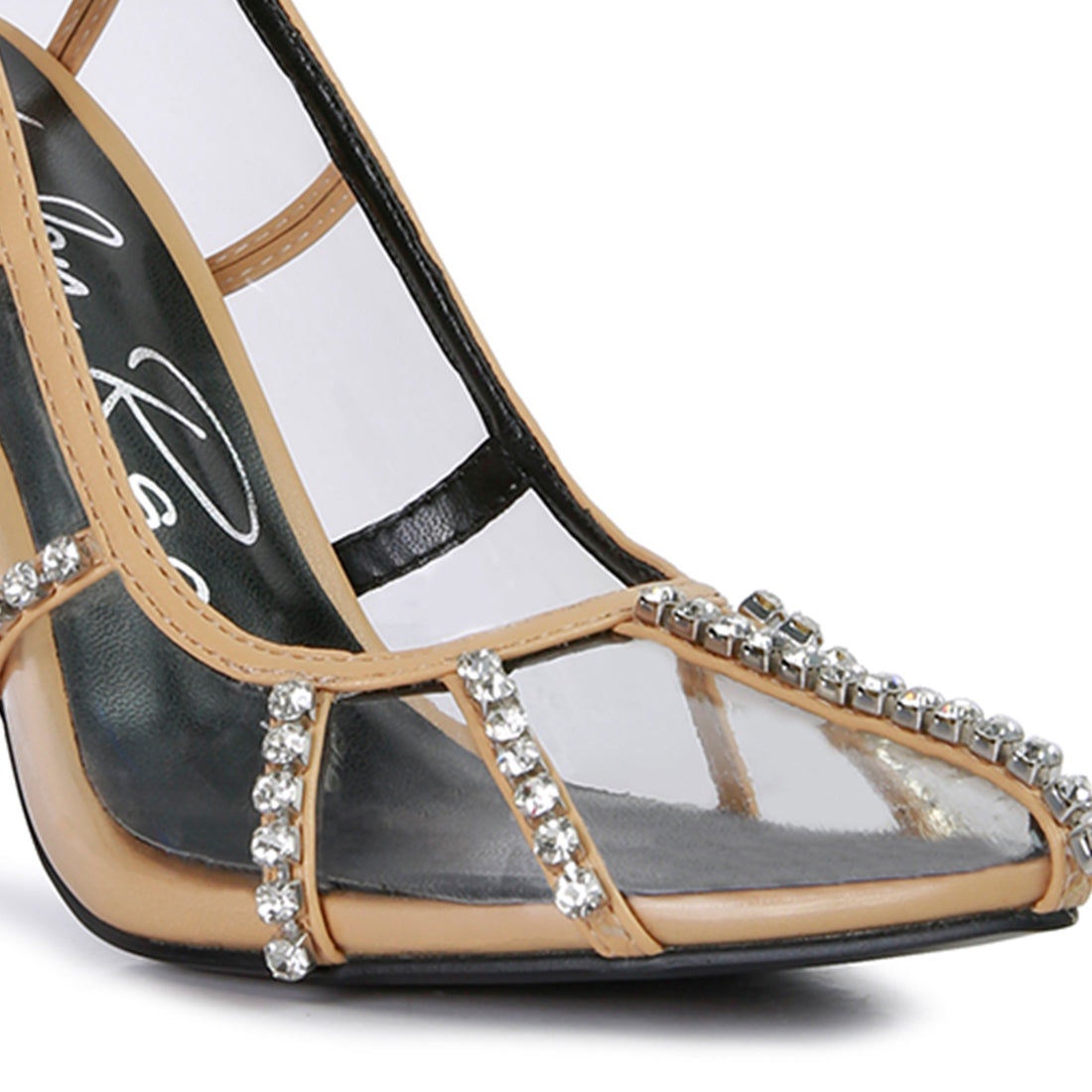 diamante clear high heel cage pumps#color_beige