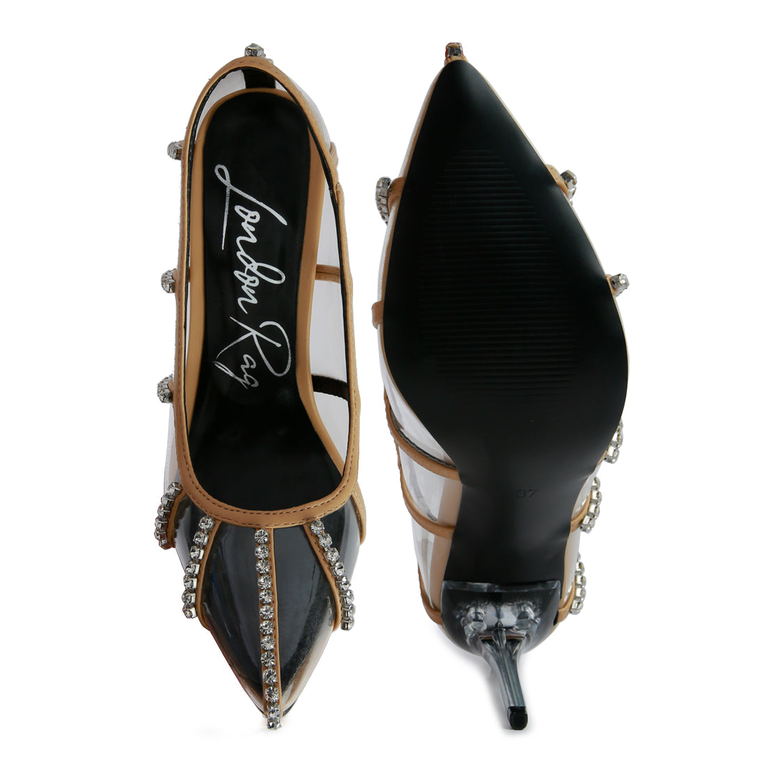 diamante clear high heel cage pumps#color_beige