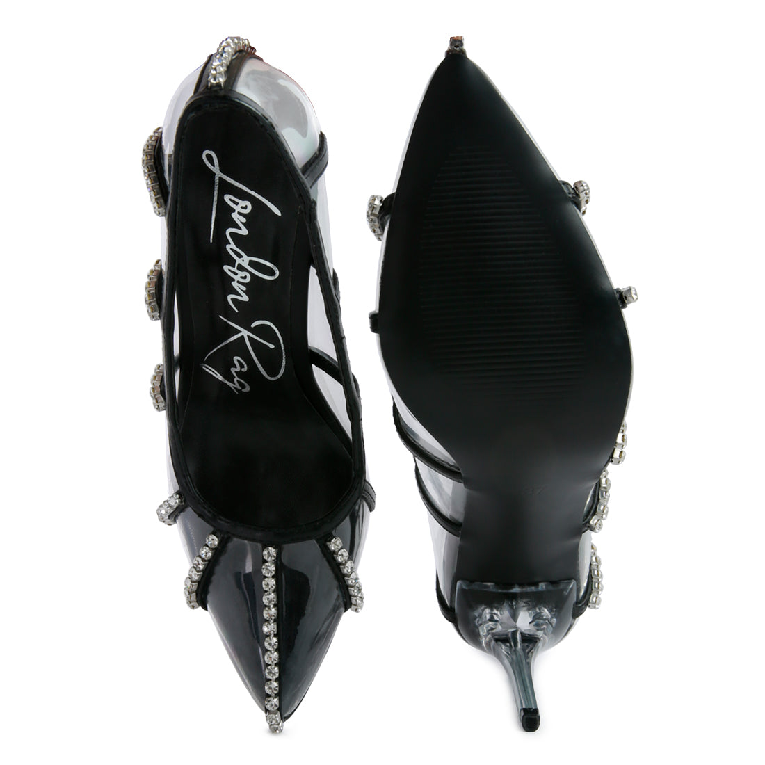 diamante clear high heel cage pumps#color_black