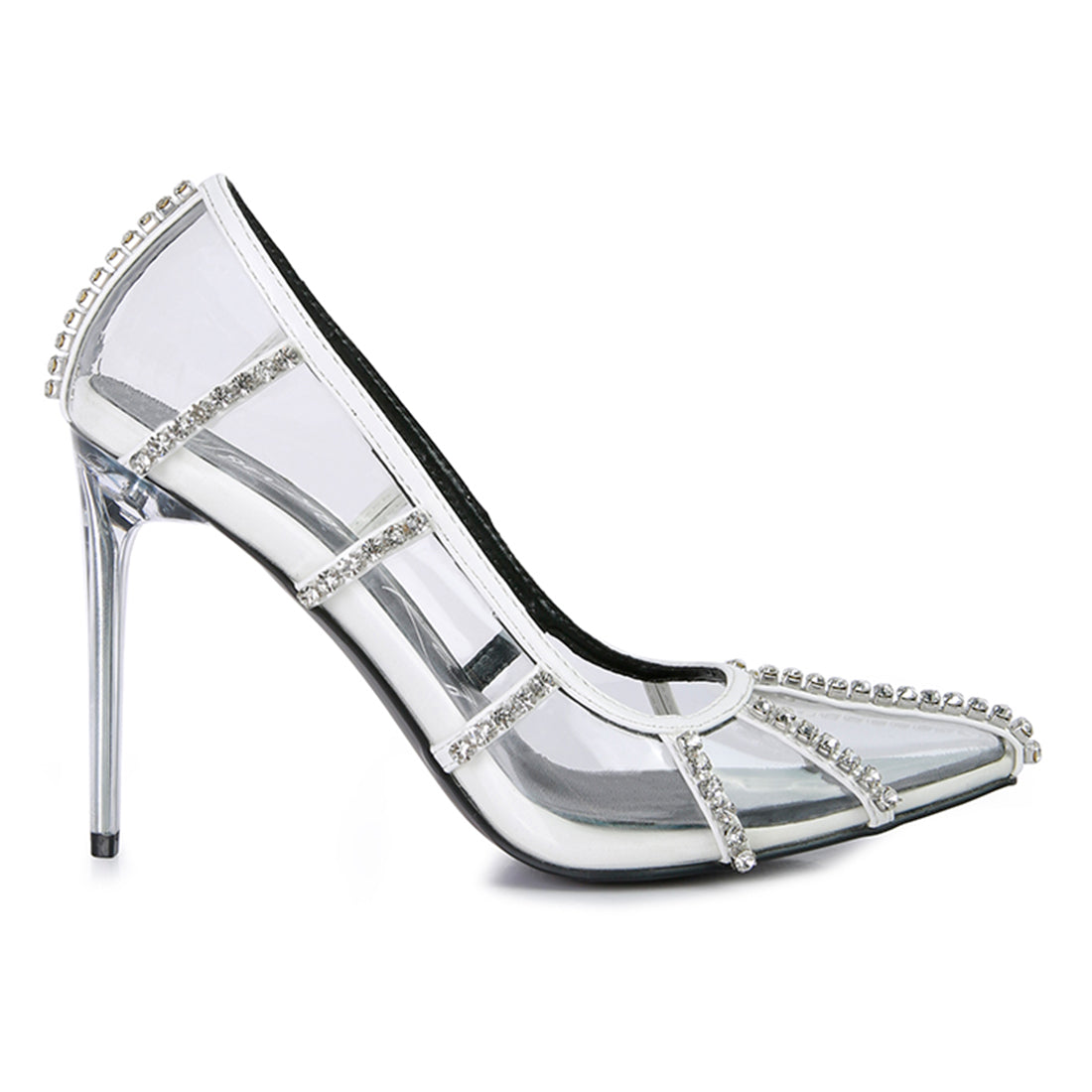 diamante clear high heel cage pumps#color_white