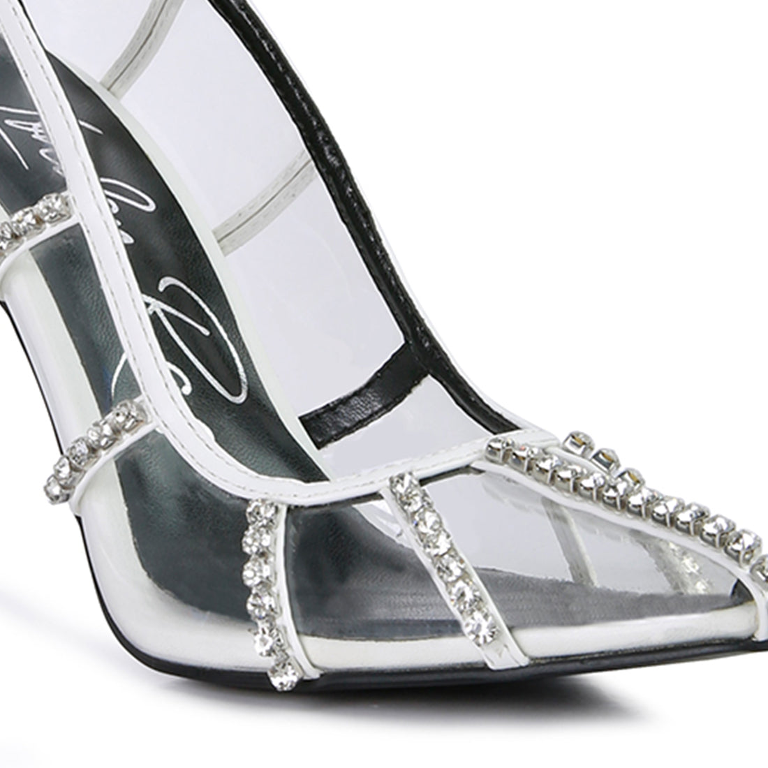diamante clear high heel cage pumps#color_white