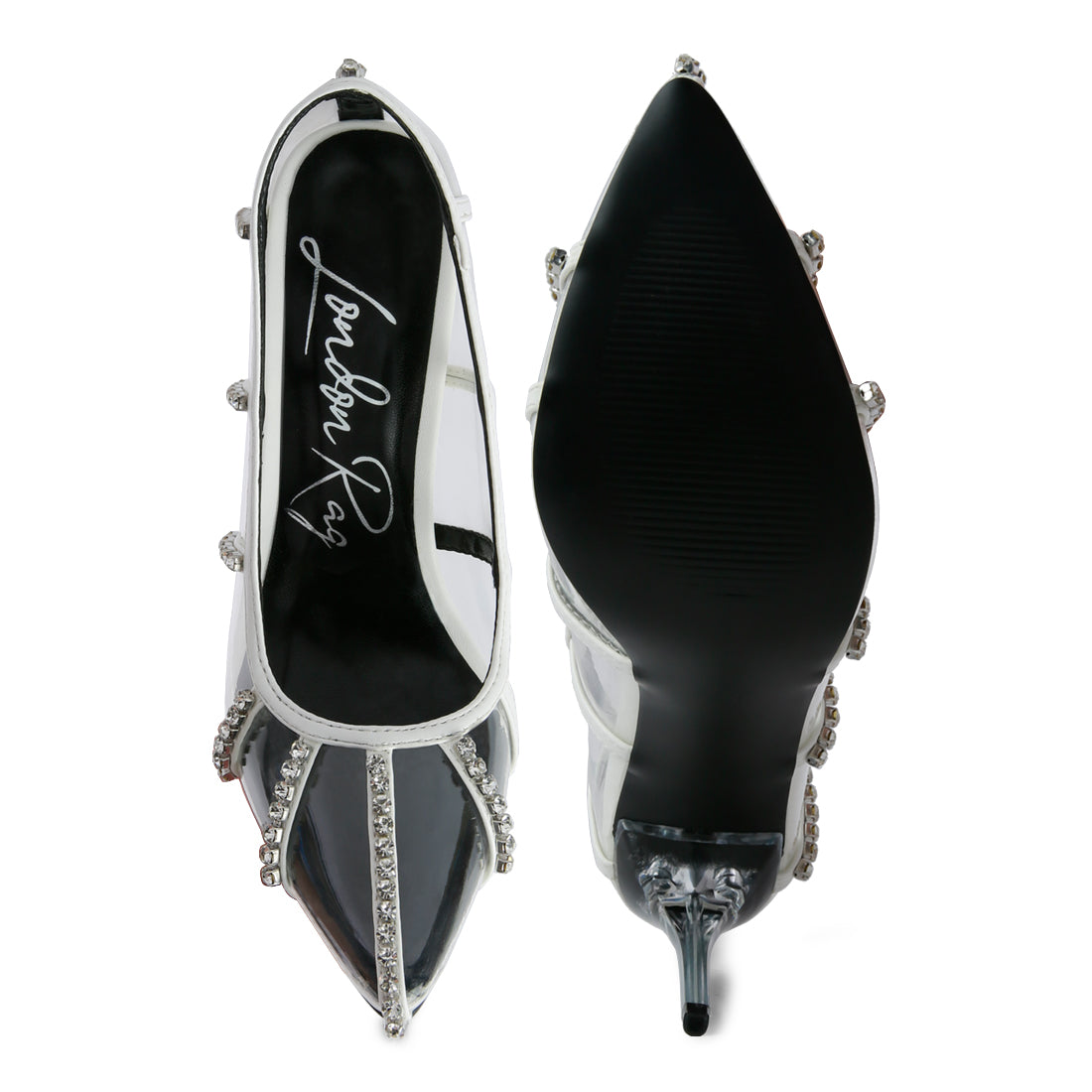 diamante clear high heel cage pumps#color_white