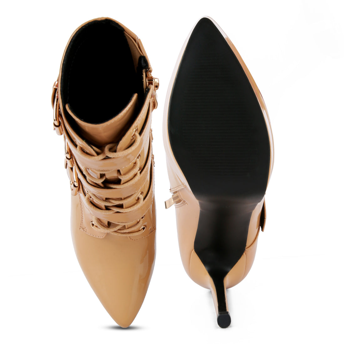 buckle strap detailed high heel ankle boots#color_beige