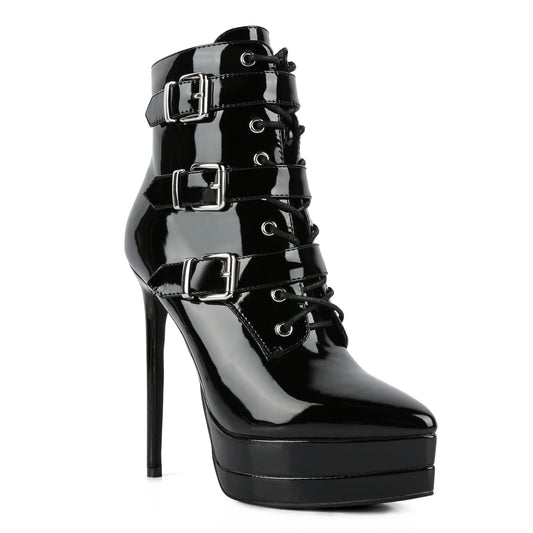 buckle strap detailed high heel ankle boots#color_black