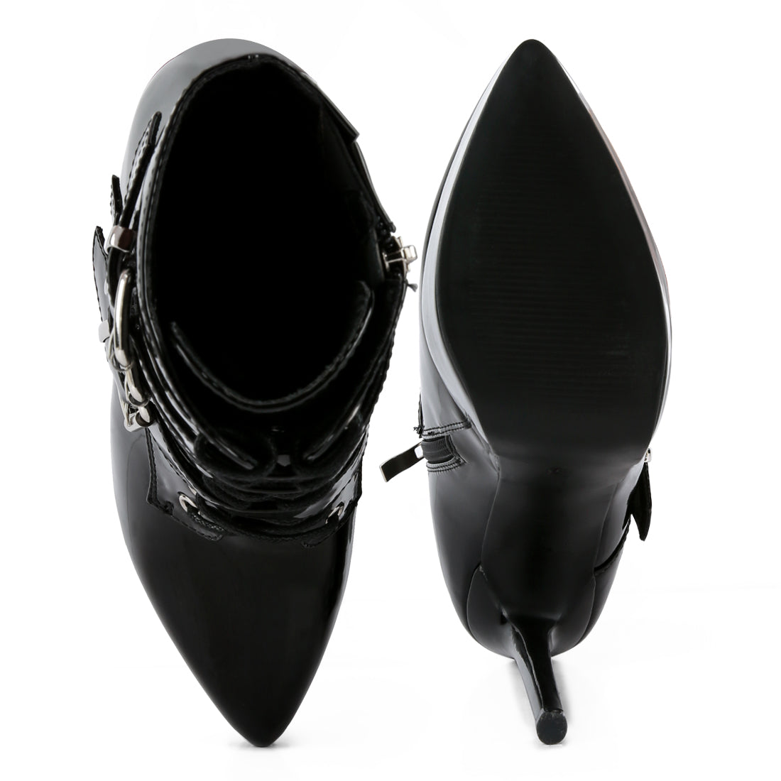 buckle strap detailed high heel ankle boots#color_black