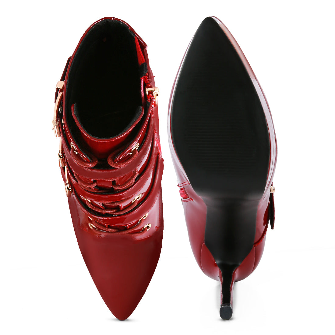 buckle strap detailed high heel ankle boots#color_burgundy