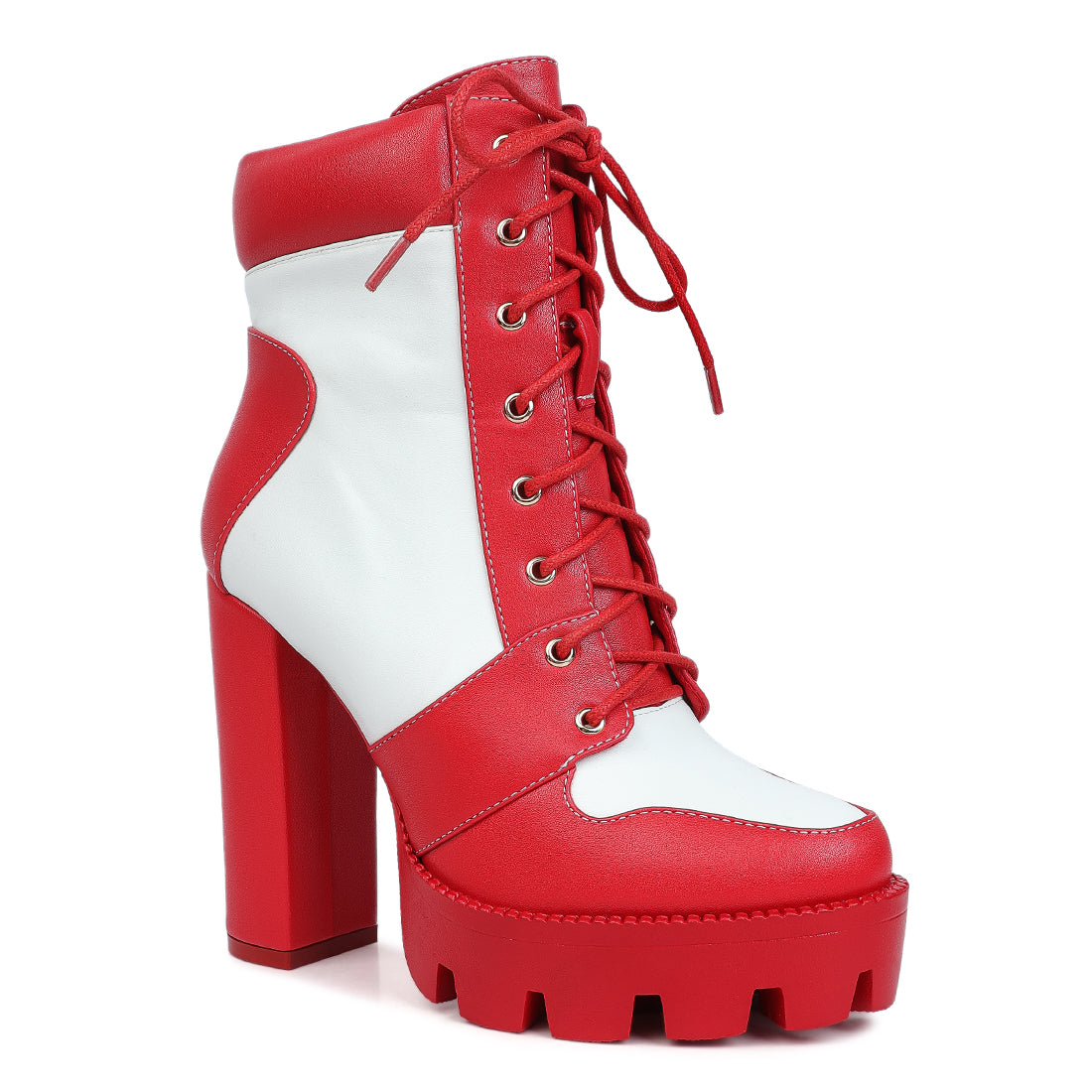 moos cow printed lace up block heel boots#color_red