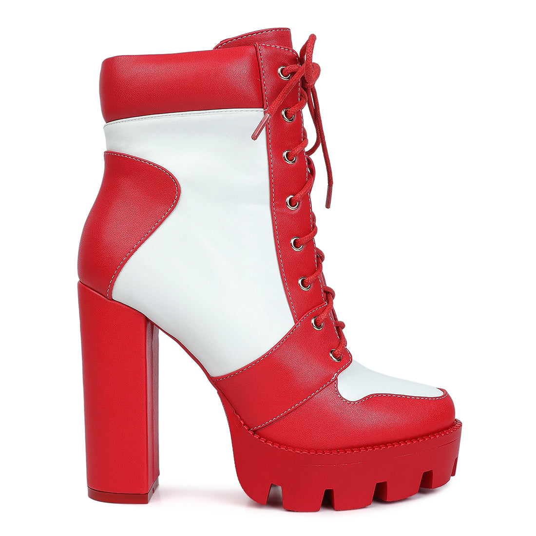 moos cow printed lace up block heel boots#color_red