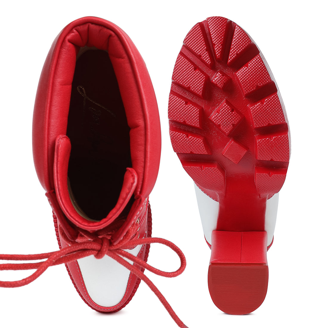 moos cow printed lace up block heel boots#color_red