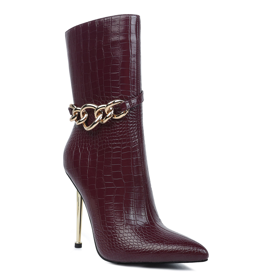 nicole croc patterned high heeled ankle boots#color_burgundy