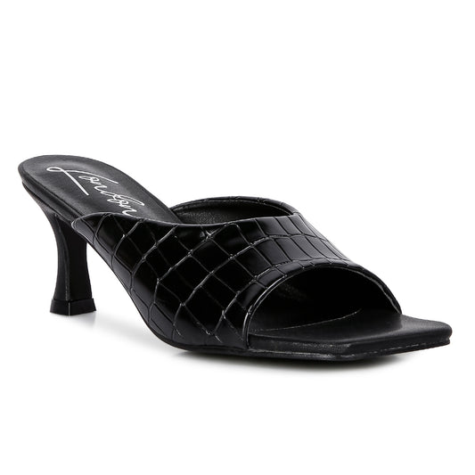 Black Croc Kitten Heel Slider Sandals
