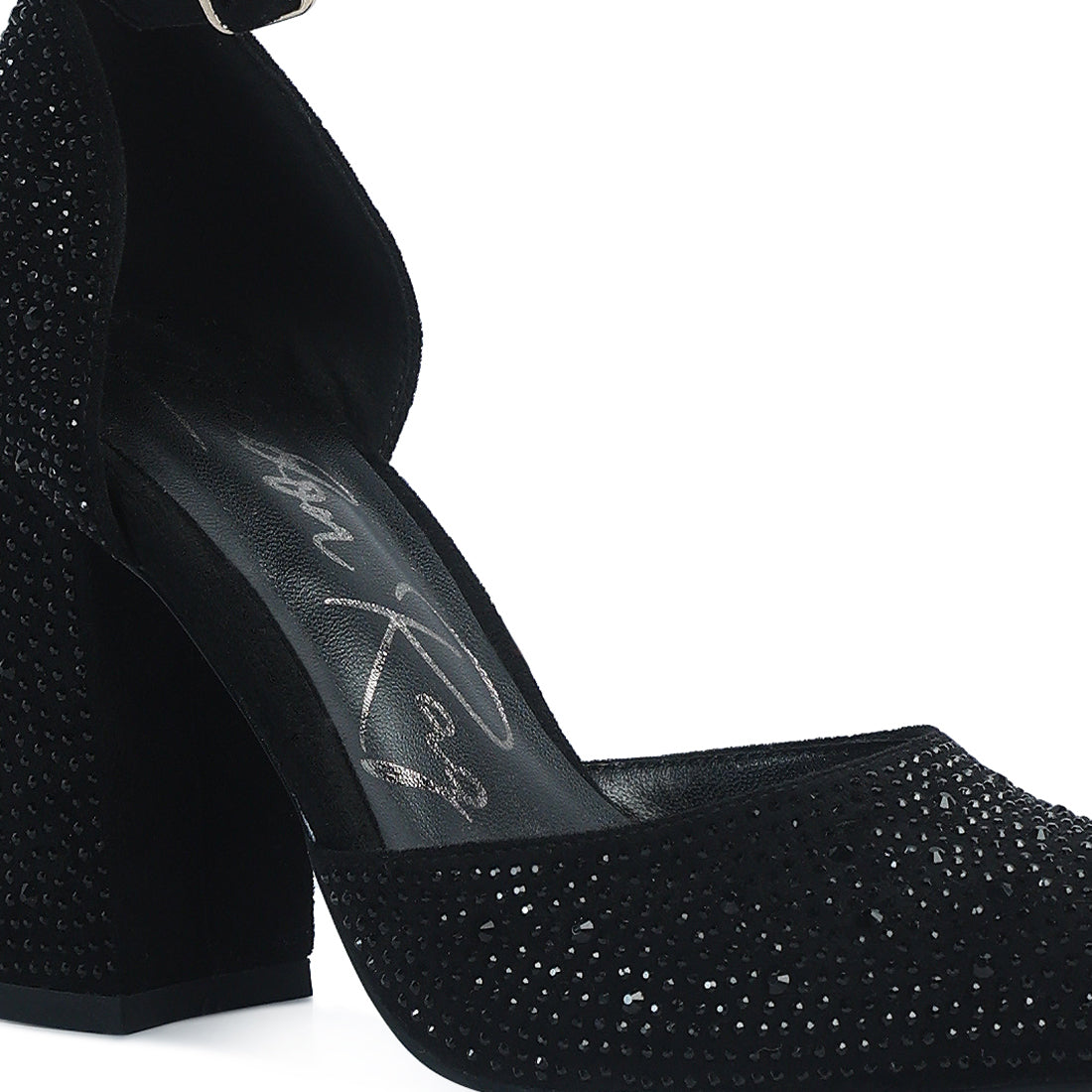 microfiber diamante block heeled sandal#color_black