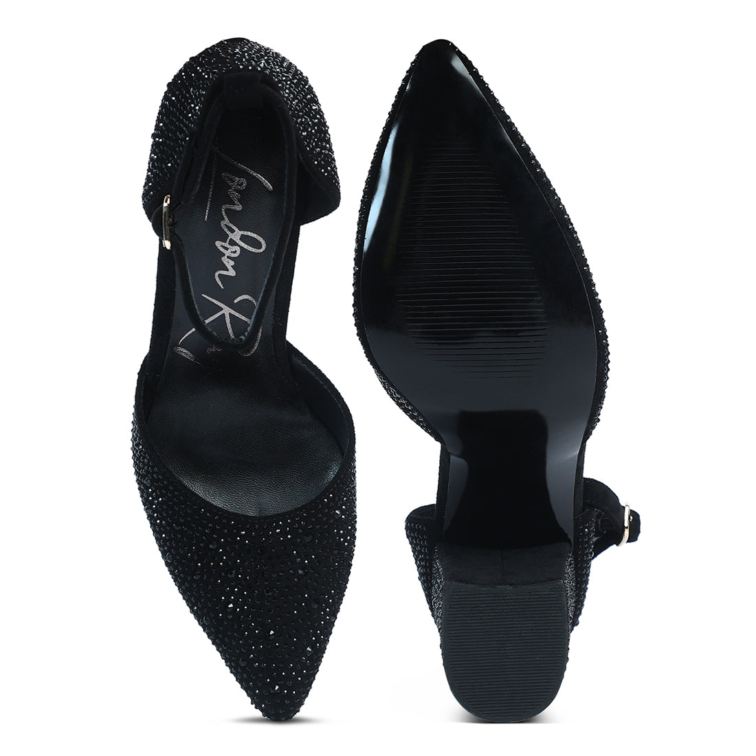 microfiber diamante block heeled sandal#color_black