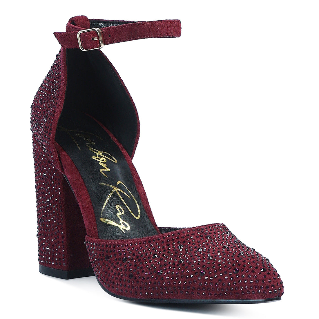 microfiber diamante block heeled sandal#color_burgundy